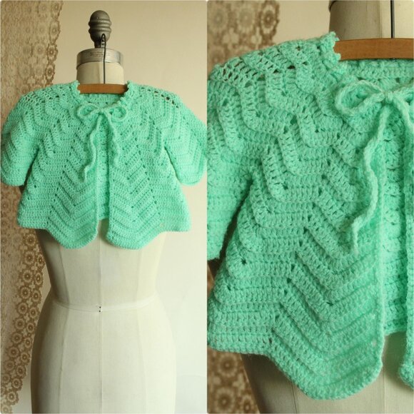 Vintage 1950s Baby Sweater, Mint Green Knit Cardigan with Tie Neck - Picture 1 of 10